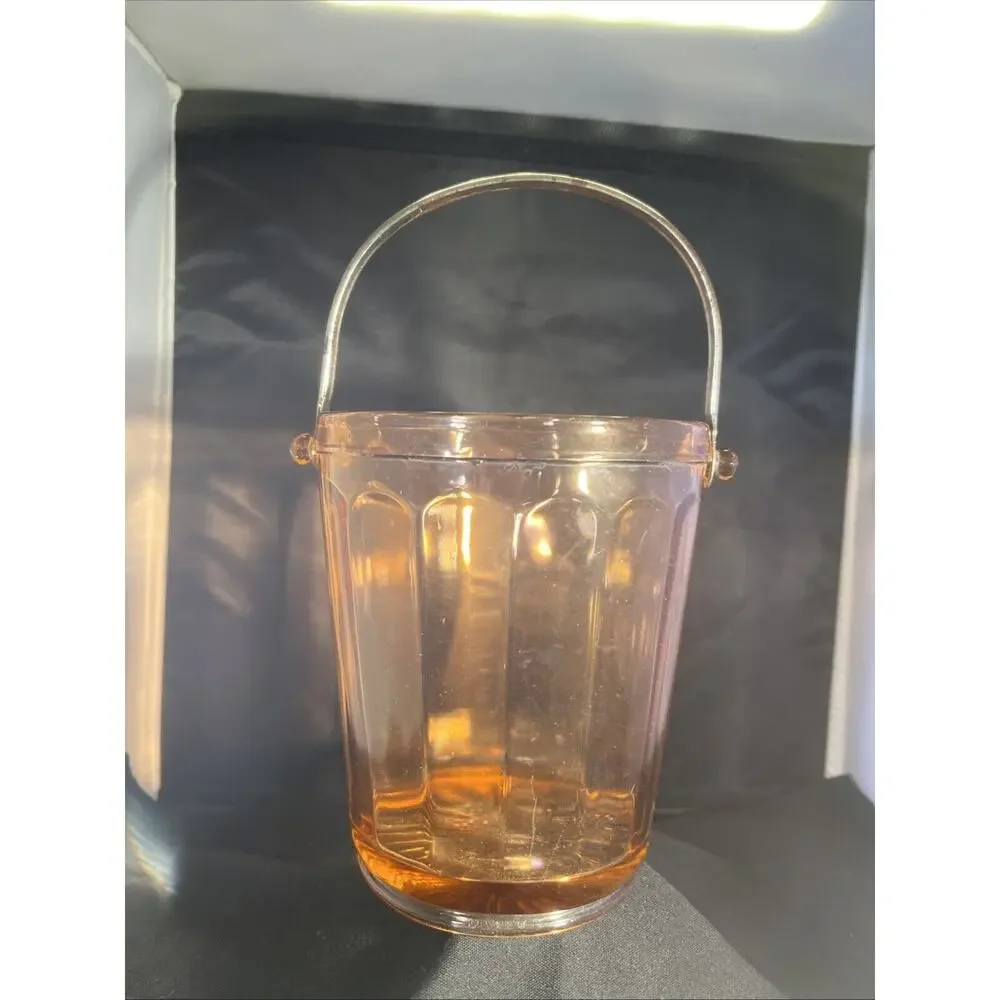 Vintage Pink Depression Glass Ice Bucket Barware With Attached Metal Handle